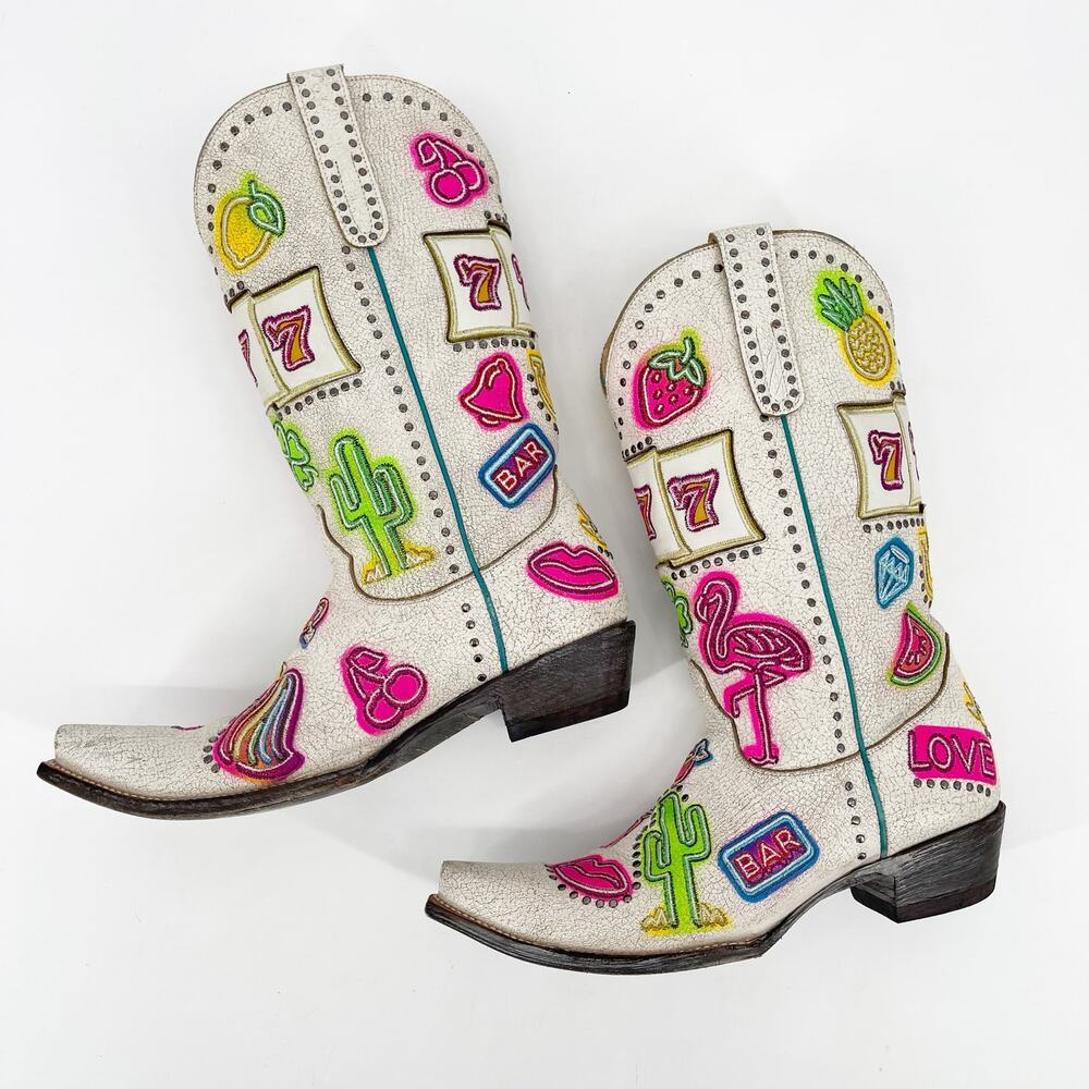 Old Gringo Jackpot Women’s 11 Distressed White Neon Embroidered Cowgirl Boots - Picture 5 of 12